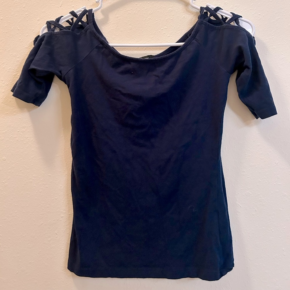 (S) Dark Navy Ambiance Short Sleeve Top with Cross Design